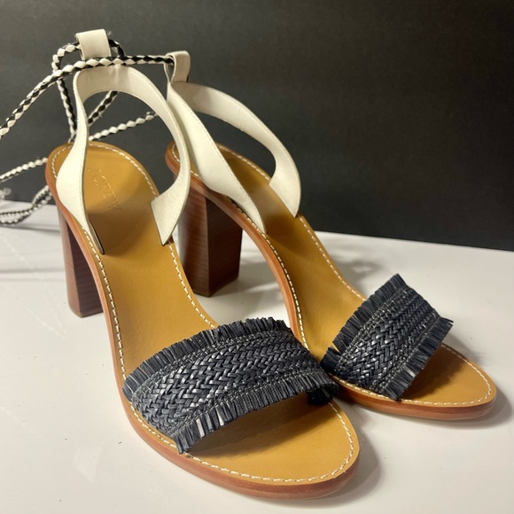 New J. Crew raffia ankle tie high heel sandals , size 10 , white and navy blue - Picture 2 of 9